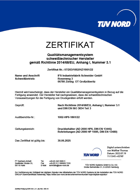 Isolierfabrik - Industriefabrik Schneider GmbH - Zertifikat, DGR 3834 DE, geprüfte Qualität TÜV Nord