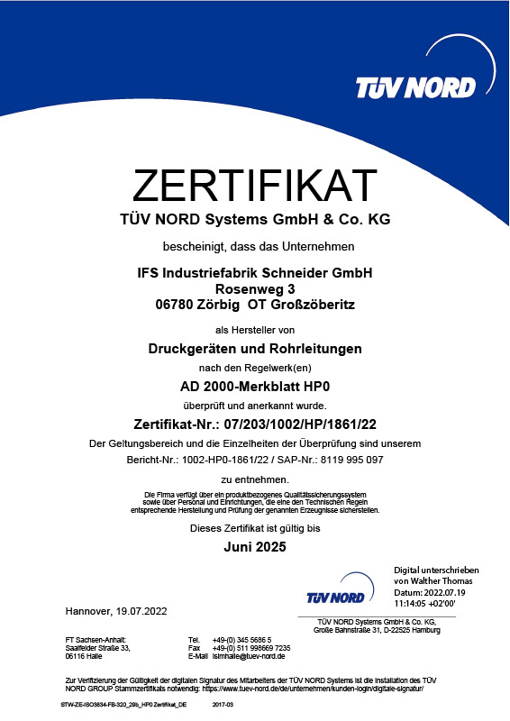 Isolierfabrik - Industriefabrik Schneider GmbH - Zertifikat, HP0, geprüfte Qualität TÜV Nord