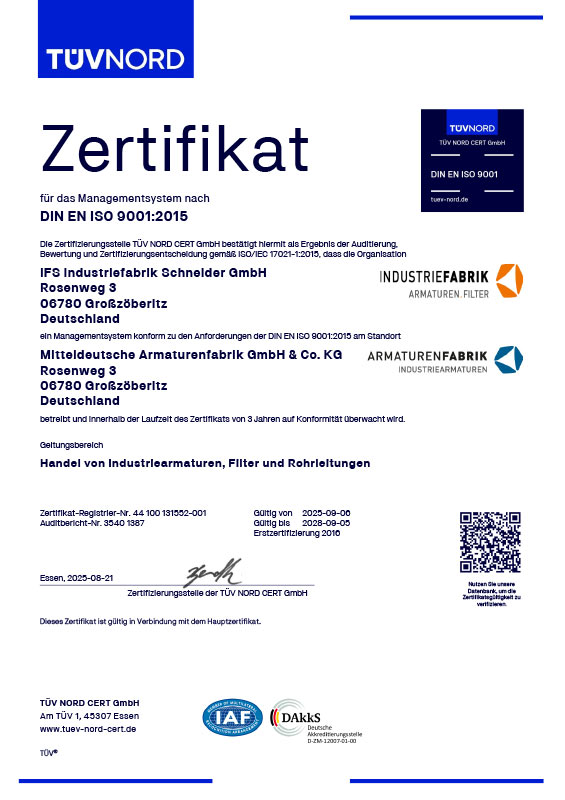 Isolierfabrik - Industriefabrik Schneider GmbH - Zertifikat, DIN EN ISO 9001 2025 DE EN Tüv Nord