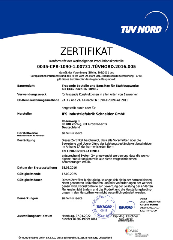 Isolierfabrik - Industriefabrik Schneider GmbH - Zertifikat, EN1090-2, geprüfte Qualität TÜV Nord
