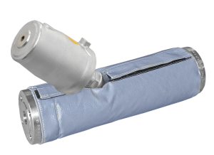 Industriefabrik Schneider, IFS Plast25 Hochtemperatur Wärmedämmung, Isolierkissen mit Klettverschluss individuell angefertigt für Schrägsitzventil, Industrieisolierung, Spezialarmatur auch für Edelstahlrohre